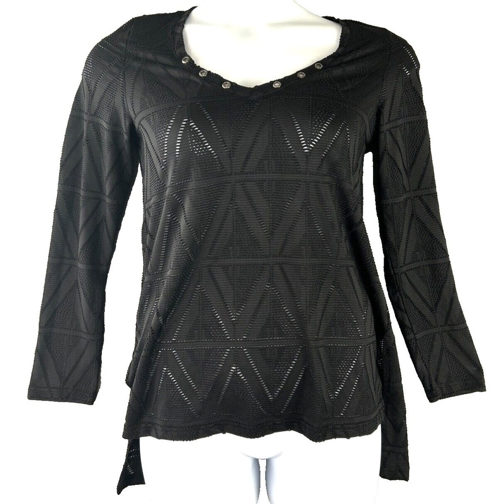 Roper XS Black Knit Sheer Lace Eyelet Blouse Tunic Shirt Western Coquette Hi Low